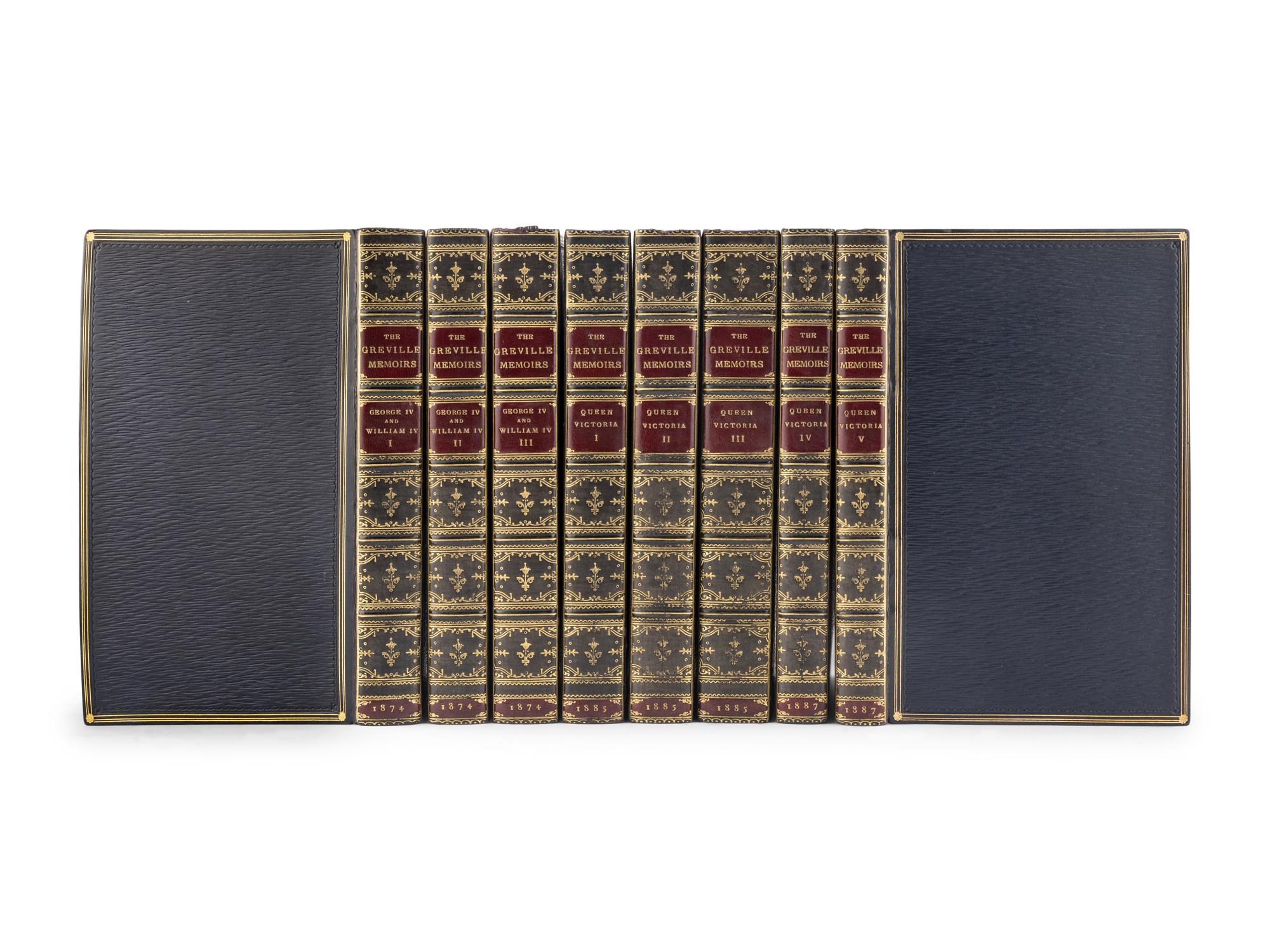 [BINDING]. GREVILLE, Charles Cavendish Fulke (1794-1865). [ The Greville Memoirs ]. A Journal of the Reigns of King George IV. And King William IV . 3 volumes. -- A Journal of the Reign of Queen Victoria from 1837 to 1852 . 3 volumes. -- A Journal of the Reign of Queen Victoria from 1852 to 1860 . 2 volumes. London: Longmans, Green, and Co., 1874, 1885, 1887.