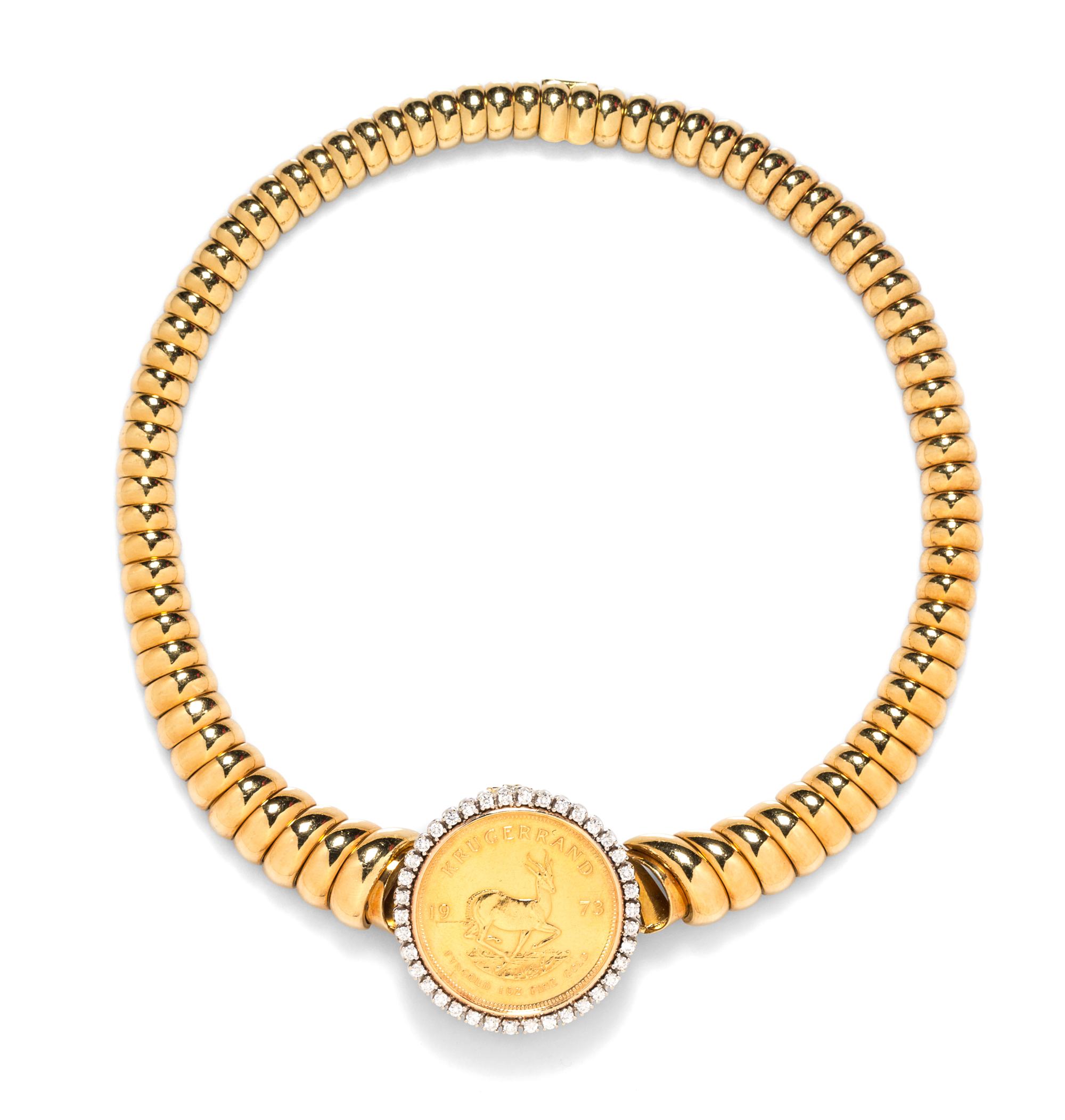 A Two Tone Gold, Diamond and Krugerrand Gold Coin Pendant/Brooch with Detachable Necklace, 121.50 dwts.