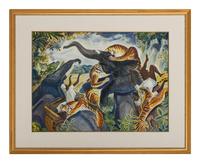 Paul Bough Travis (American, 1891-1975) — Untitled (Tigers Attack Elephants and Villagers), 1959