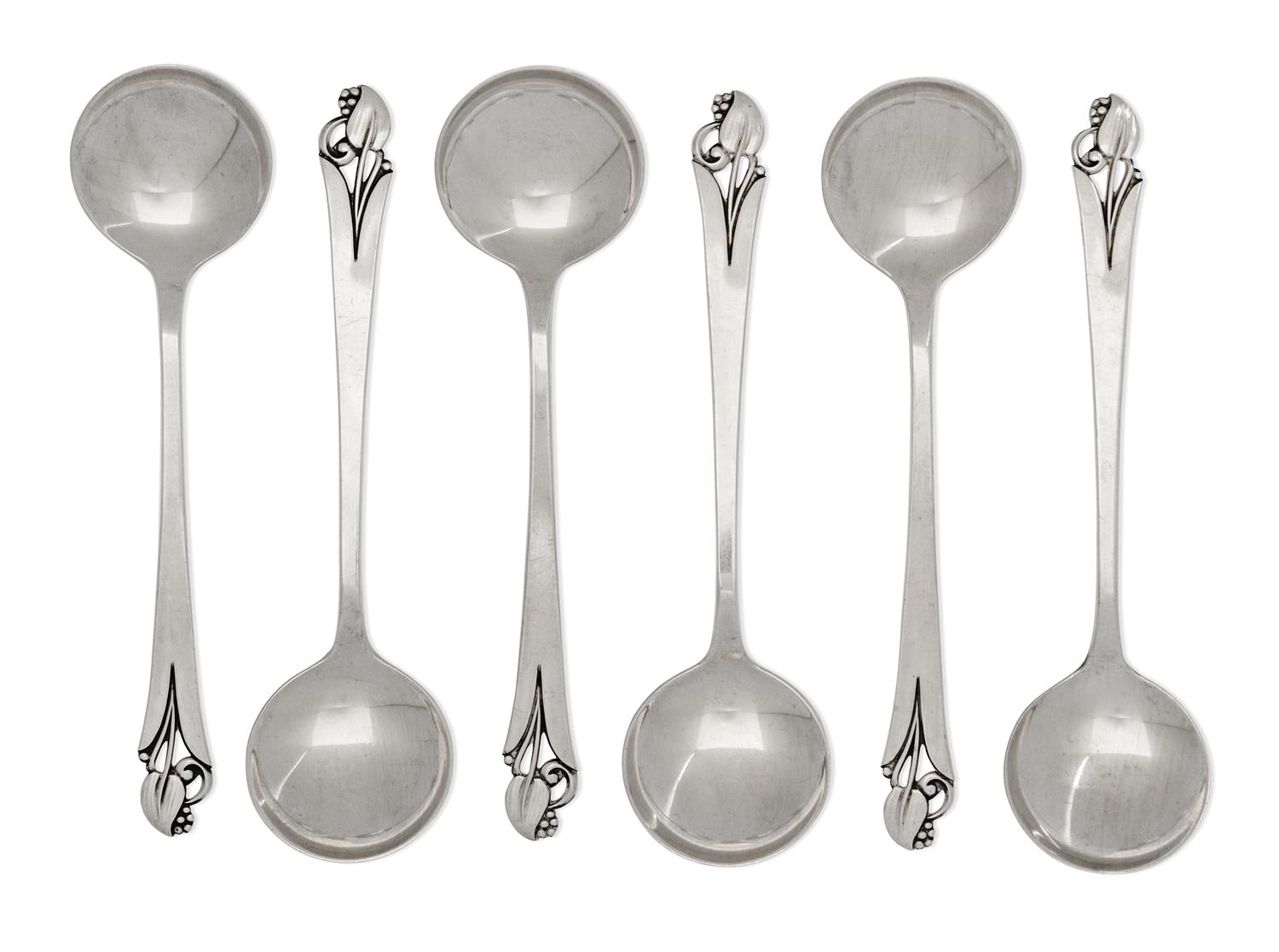 A Set of Twelve American Silver Bouillon Spoons, Frank W. Smith Silver Co., Gardner, MA, Mid-20th Century, the handles with berried blo