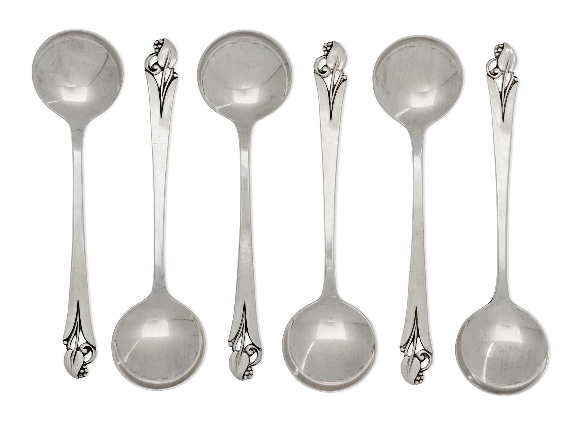 A Set of Twelve American Silver Bouillon Spoons, Frank W. Smith Silver Co., Gardner, MA, Mid-20th Century, the handles with berried blo