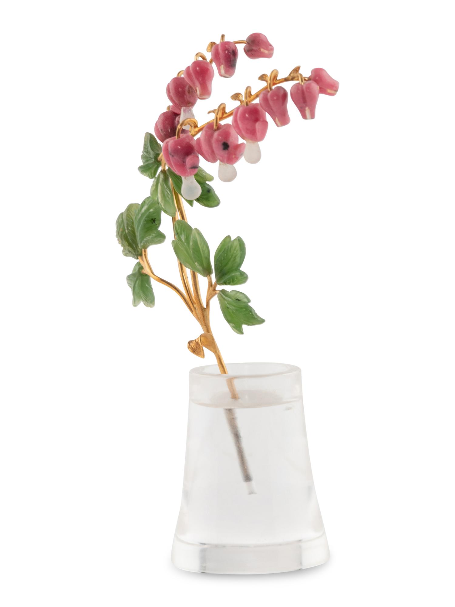 A Carved Rock Crystal, Rhodonite, Nephrite and 18-Karat Gold Bleeding Heart Flower Study
