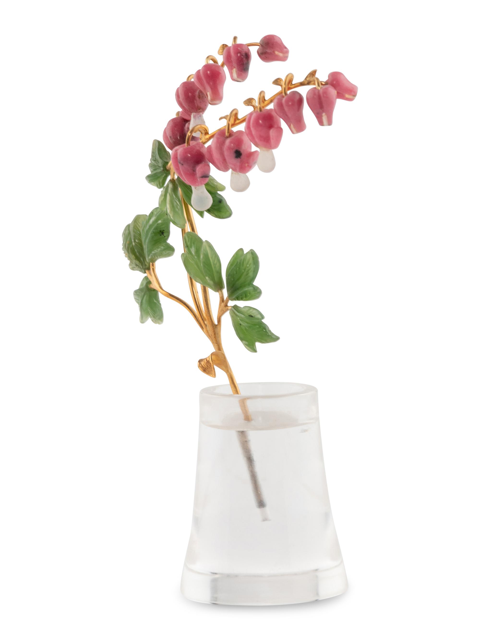 A Carved Rock Crystal, Rhodonite, Nephrite and 18-Karat Gold Bleeding Heart Flower Study