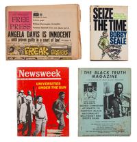 [CIVIL RIGHTS]. A large collection of buttons and ephemera involving the Black Panther Party, political protests, and social movements.