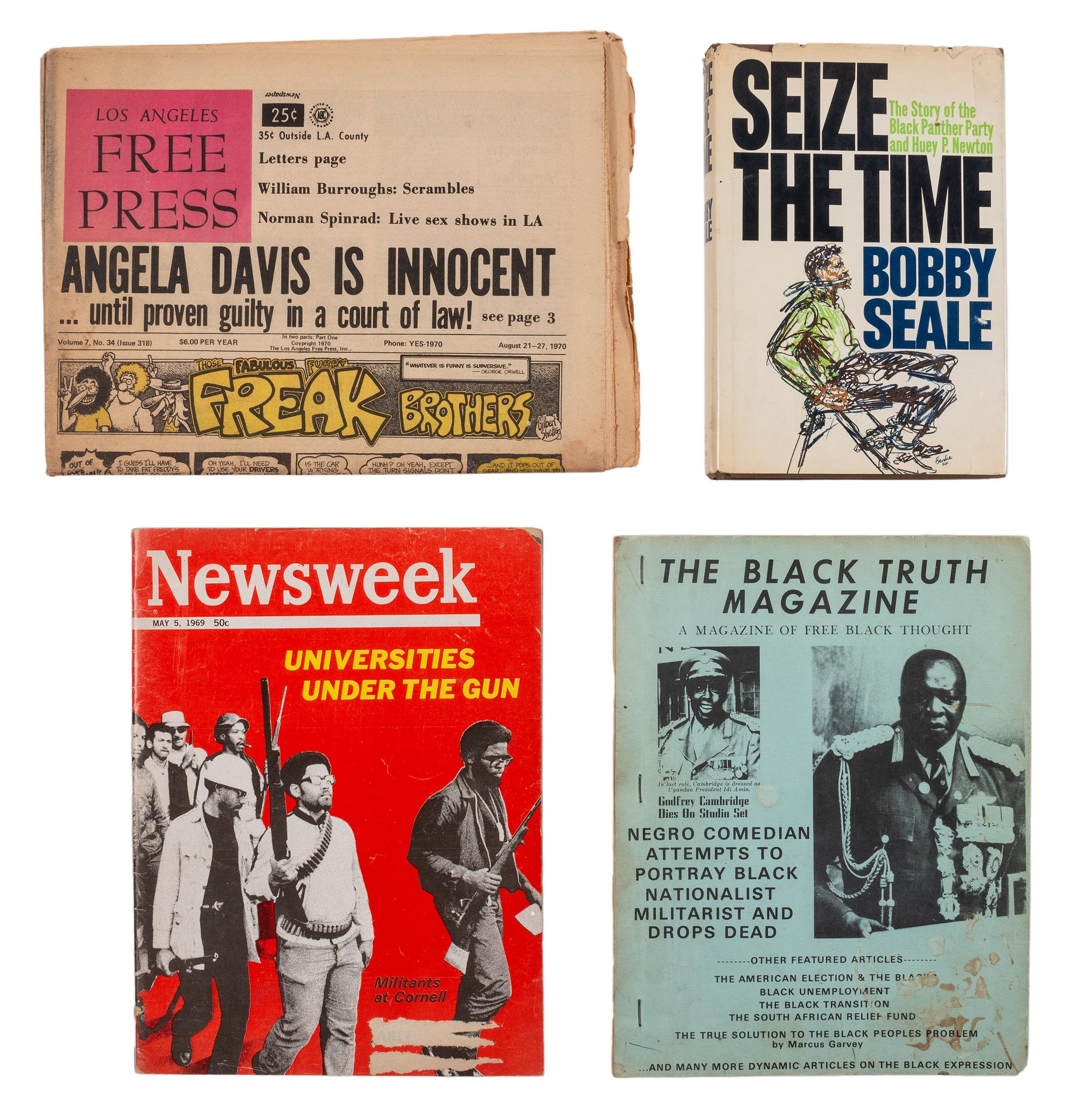 [CIVIL RIGHTS]. A large collection of buttons and ephemera involving the Black Panther Party, political protests, and social movements.