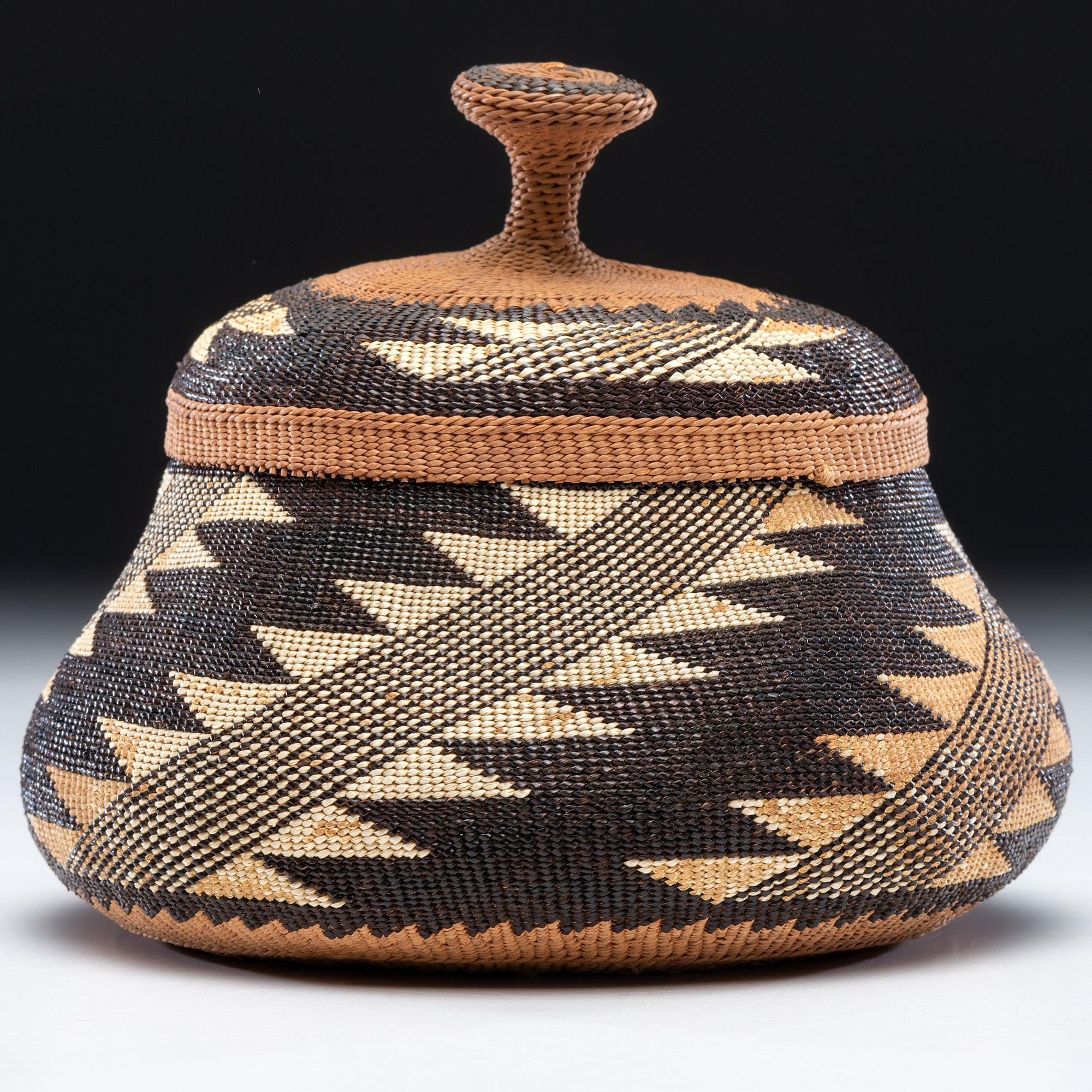 Elizabeth Hickox (Wiyot, 1872-1947) Attributed, Polychrome Lidded Basket