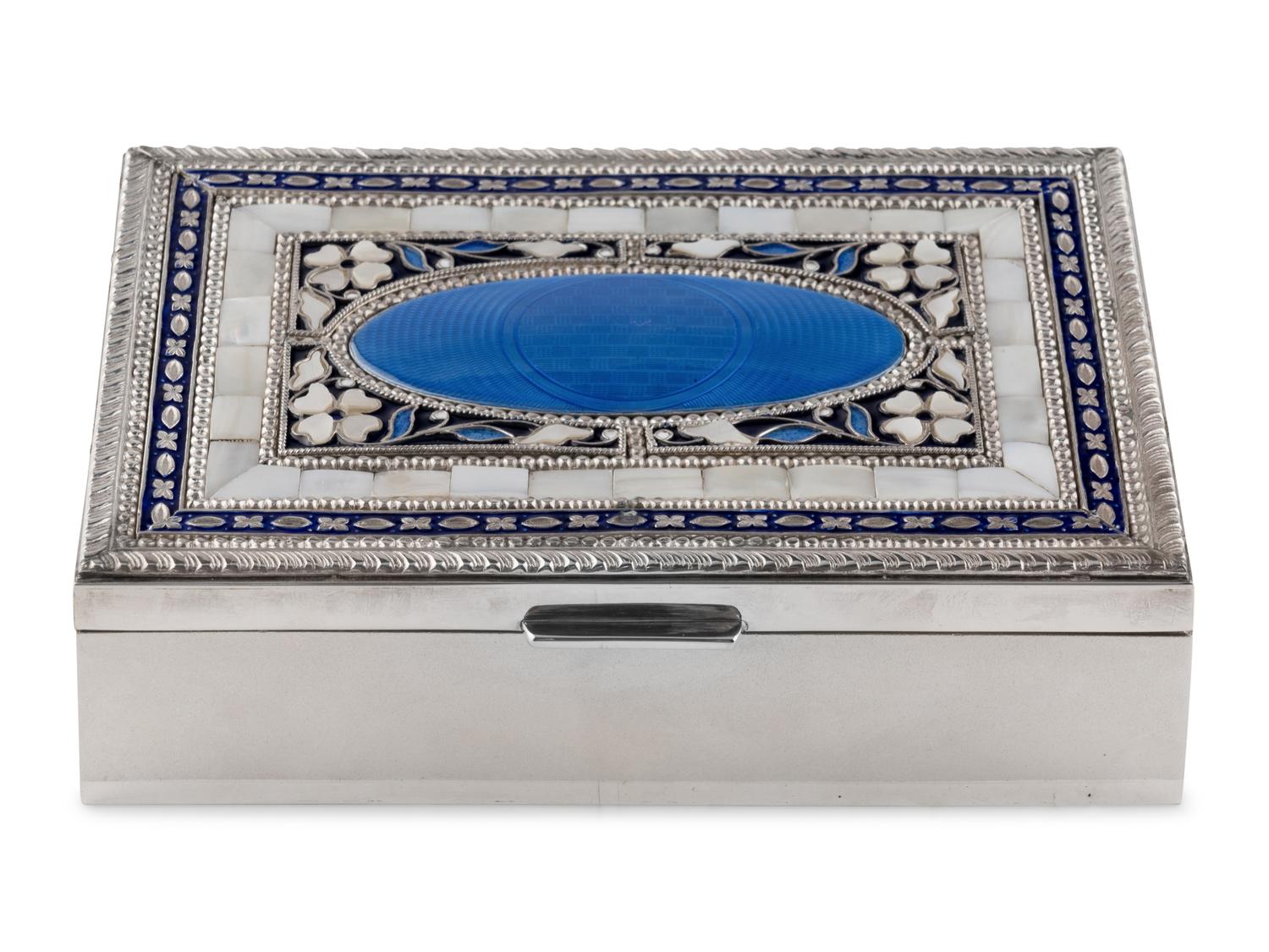 A Cooke and Kelvey Enamel and Mother of Pearl-Inset Silver Box