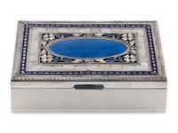 A Cooke and Kelvey Enamel and Mother of Pearl-Inset Silver Box