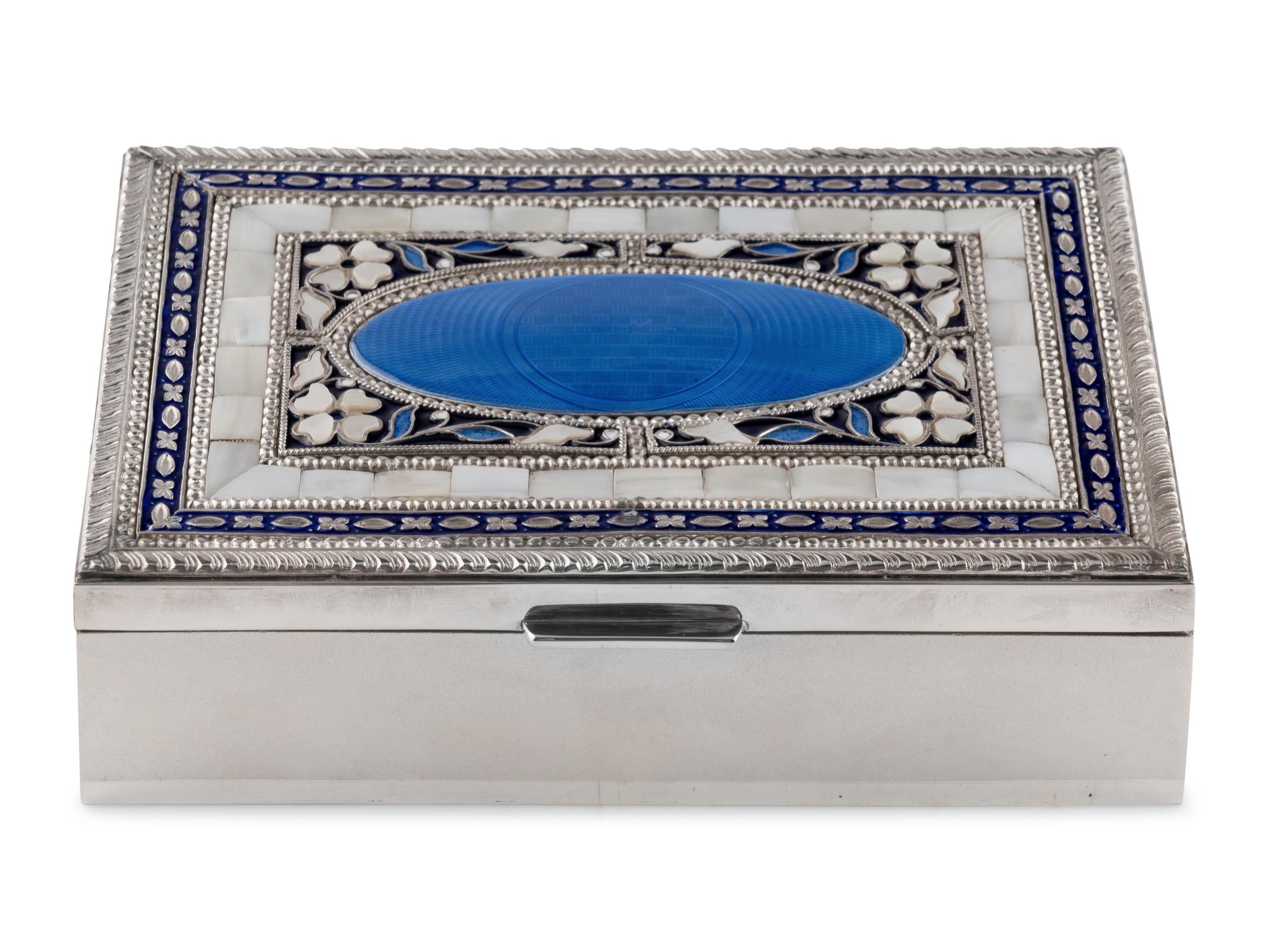 A Cooke and Kelvey Enamel and Mother of Pearl-Inset Silver Box