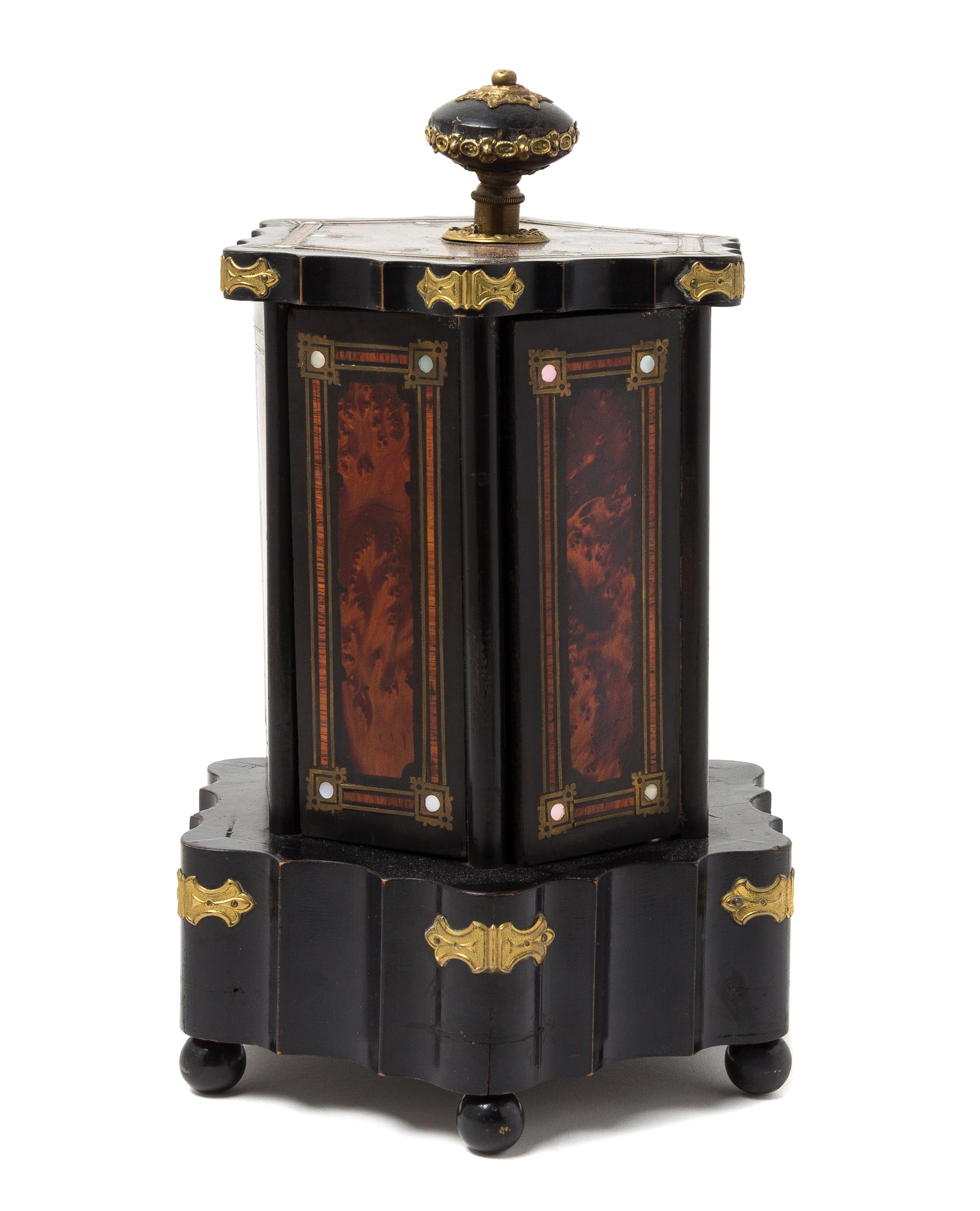 A Napoleon III Gilt Metal and Burlwood Mounted Musical Humidor Height 11 inches.
