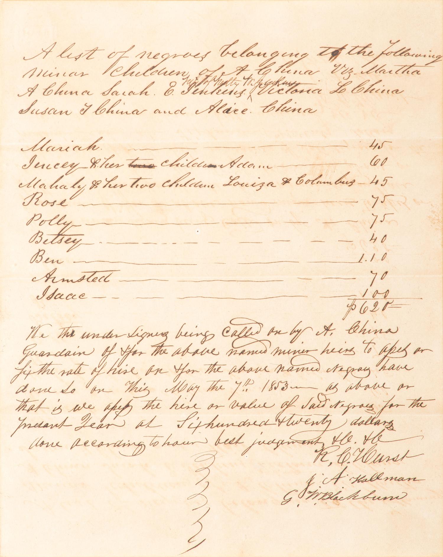 [SLAVERY & ABOLITION]. Manuscript inventory for 11 enslaved individuals. [Lauderdale County, Mississippi?], 7 May 1853.