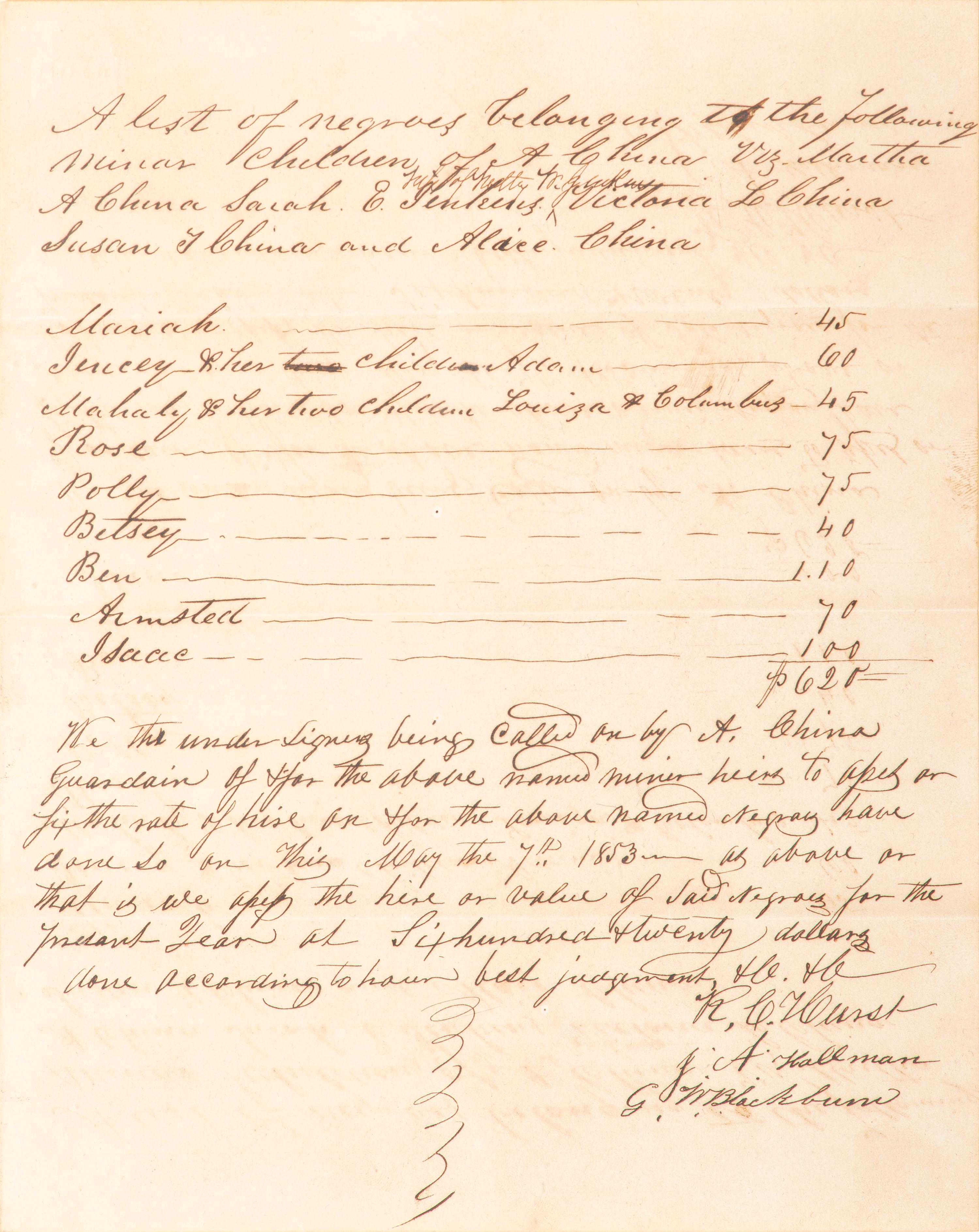 [SLAVERY & ABOLITION]. Manuscript inventory for 11 enslaved individuals. [Lauderdale County, Mississippi?], 7 May 1853.
