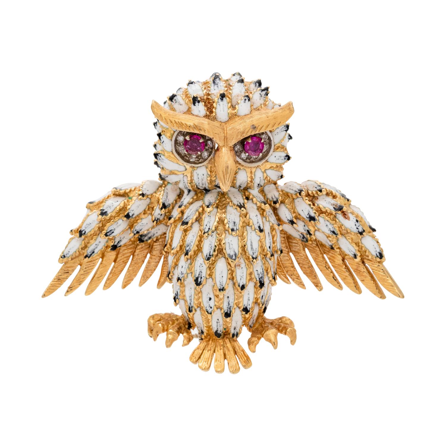 ENAMEL, RUBY AND DIAMOND OWL BROOCH