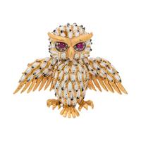 ENAMEL, RUBY AND DIAMOND OWL BROOCH