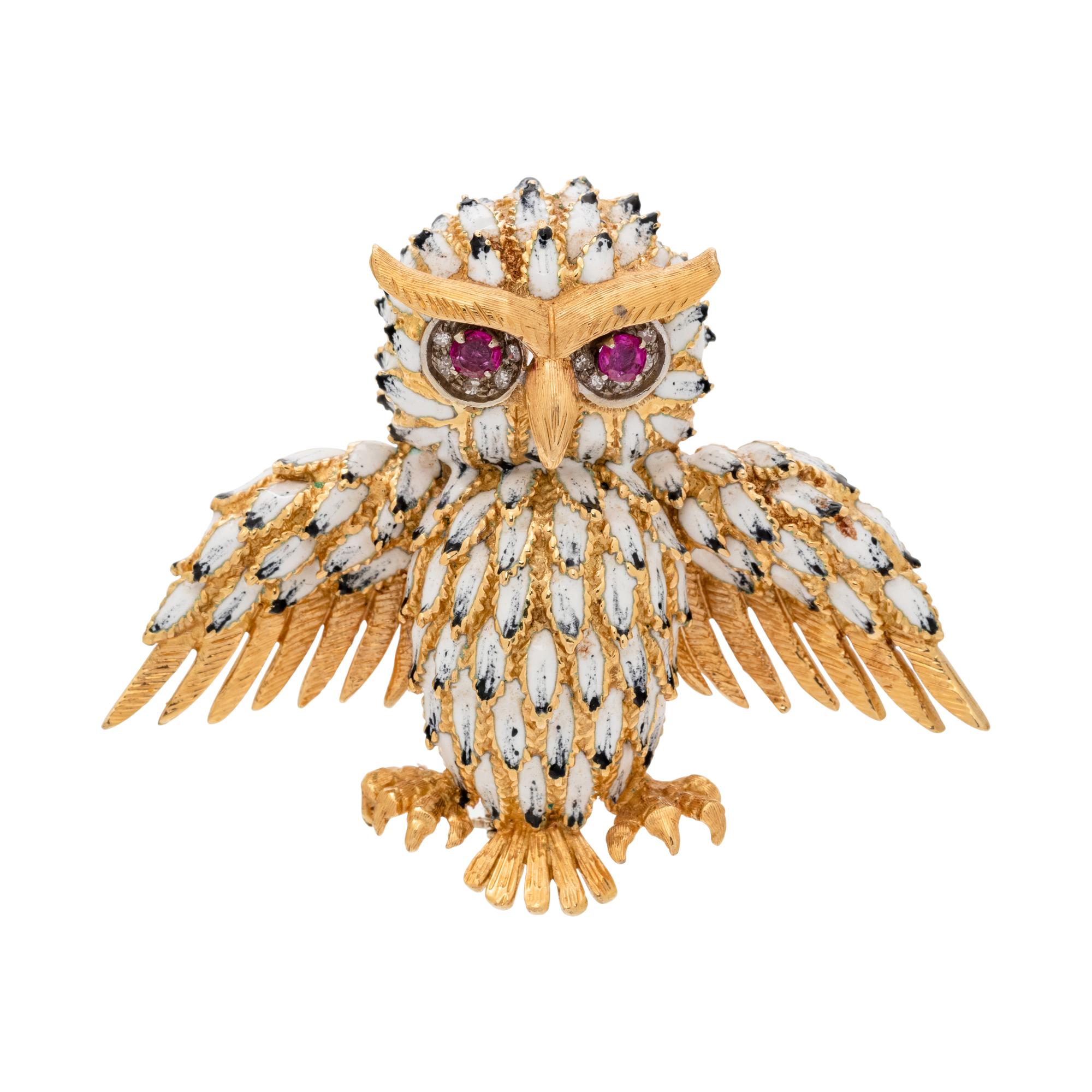 ENAMEL, RUBY AND DIAMOND OWL BROOCH