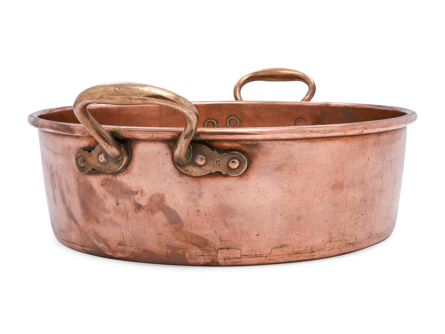 An English Copper Preserving Pan with Brass Handles