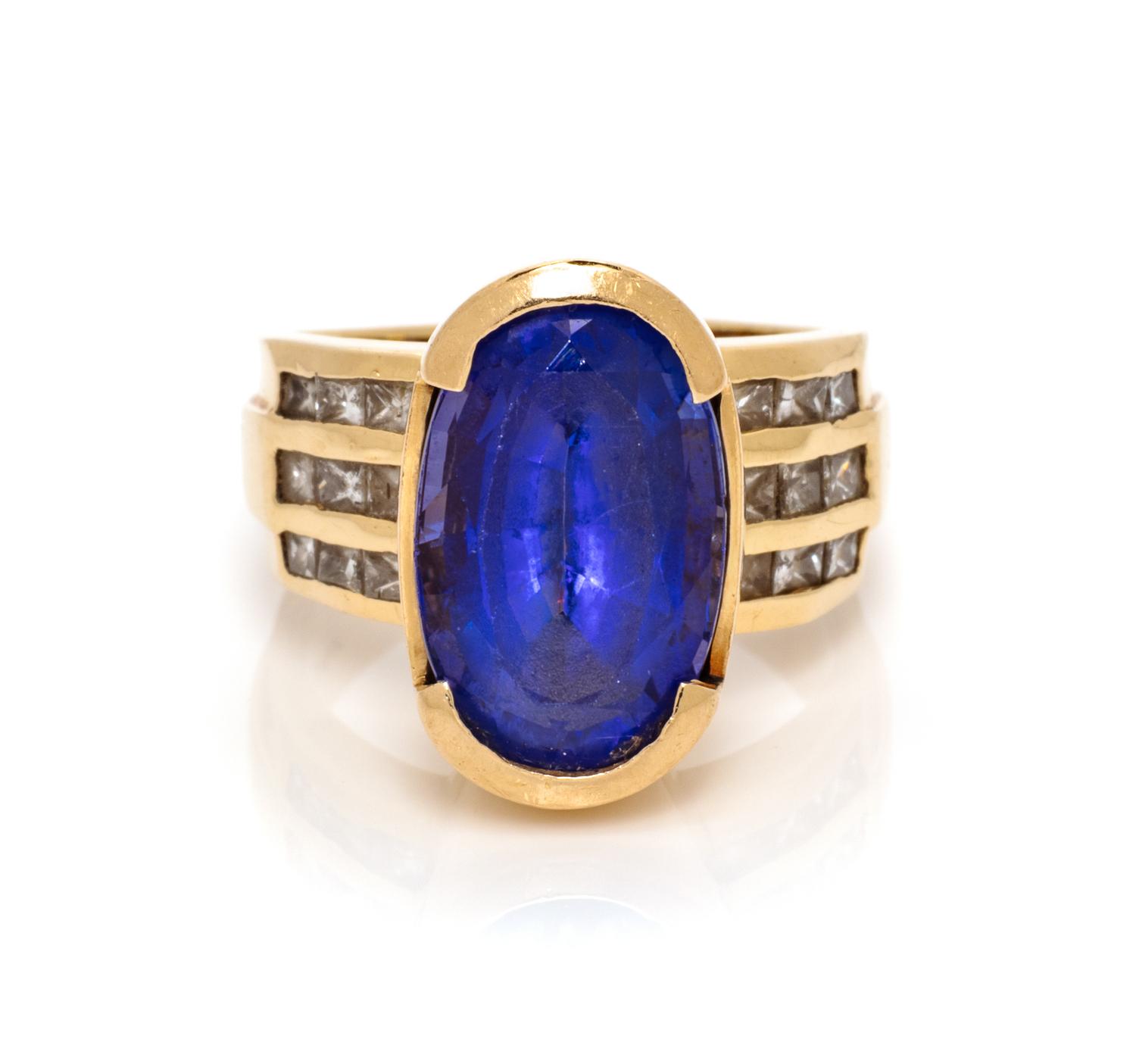 A 14 Karat Yellow Gold, Tanzanite and Diamond Ring, 9.50 dwts.