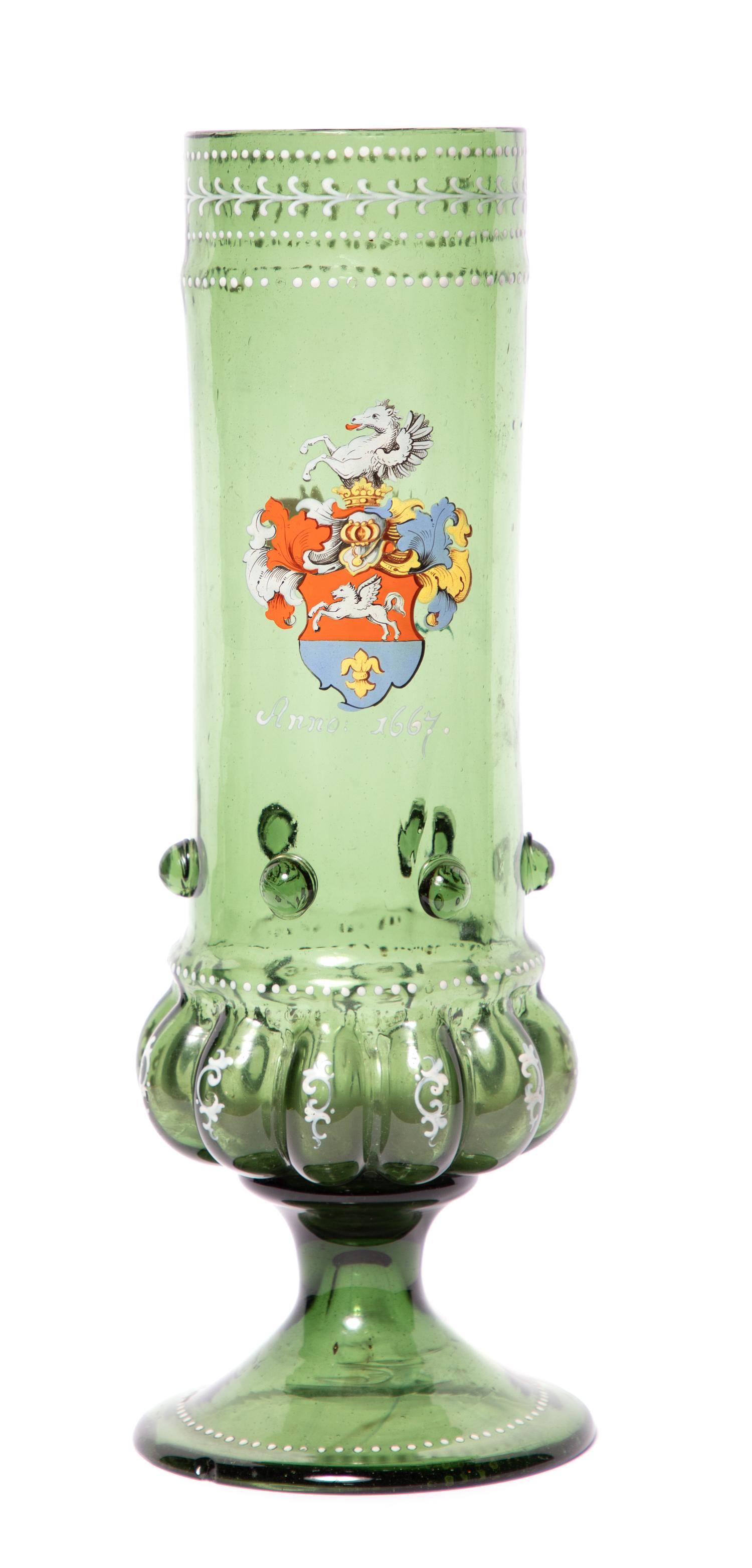 A Bohemian Enamel Glass Vase with Polychromed Armorial Decoration Height 11 3/4 inches. — 19TH CENTURY