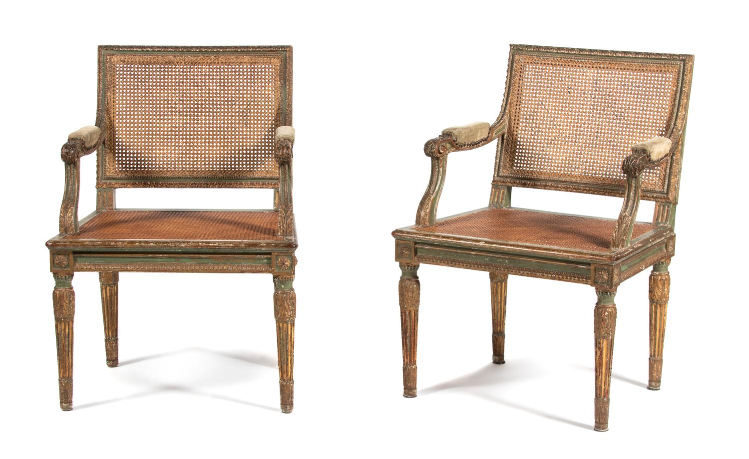 A Pair of Italian Neoclassical Style Green-Painted Armchairs