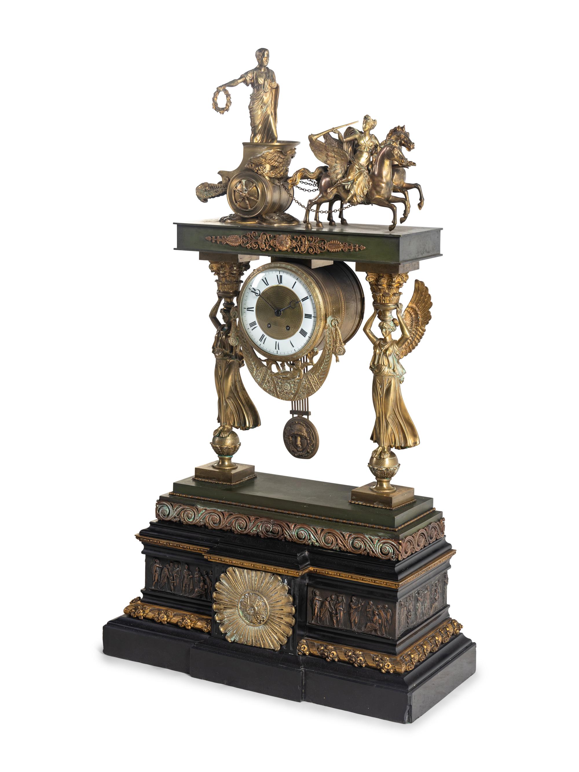 A Large Empire Style Gilt Bronze Mantel Clock