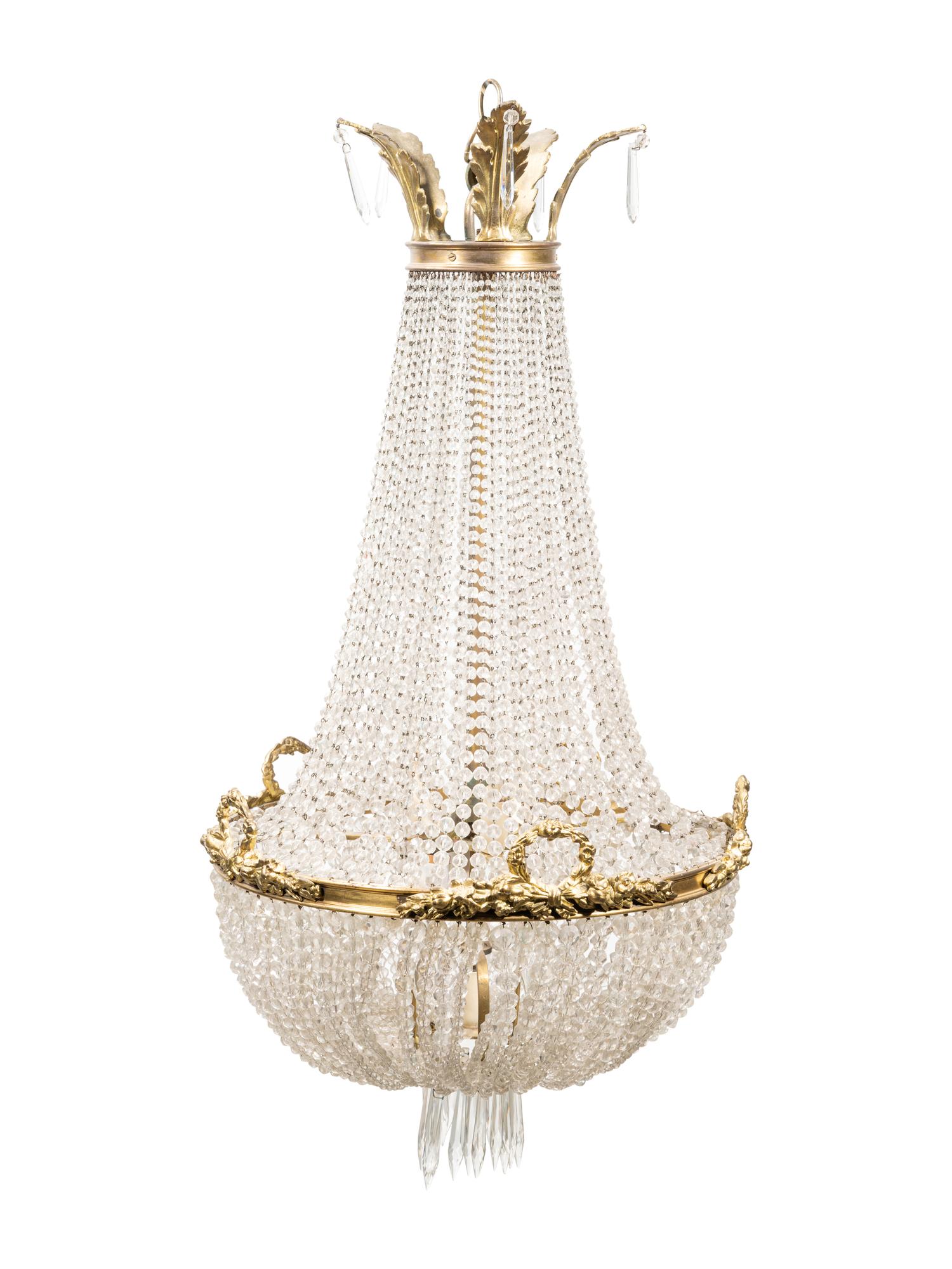 An Empire Style Gilt Bronze and Beaded Glass Chandelier