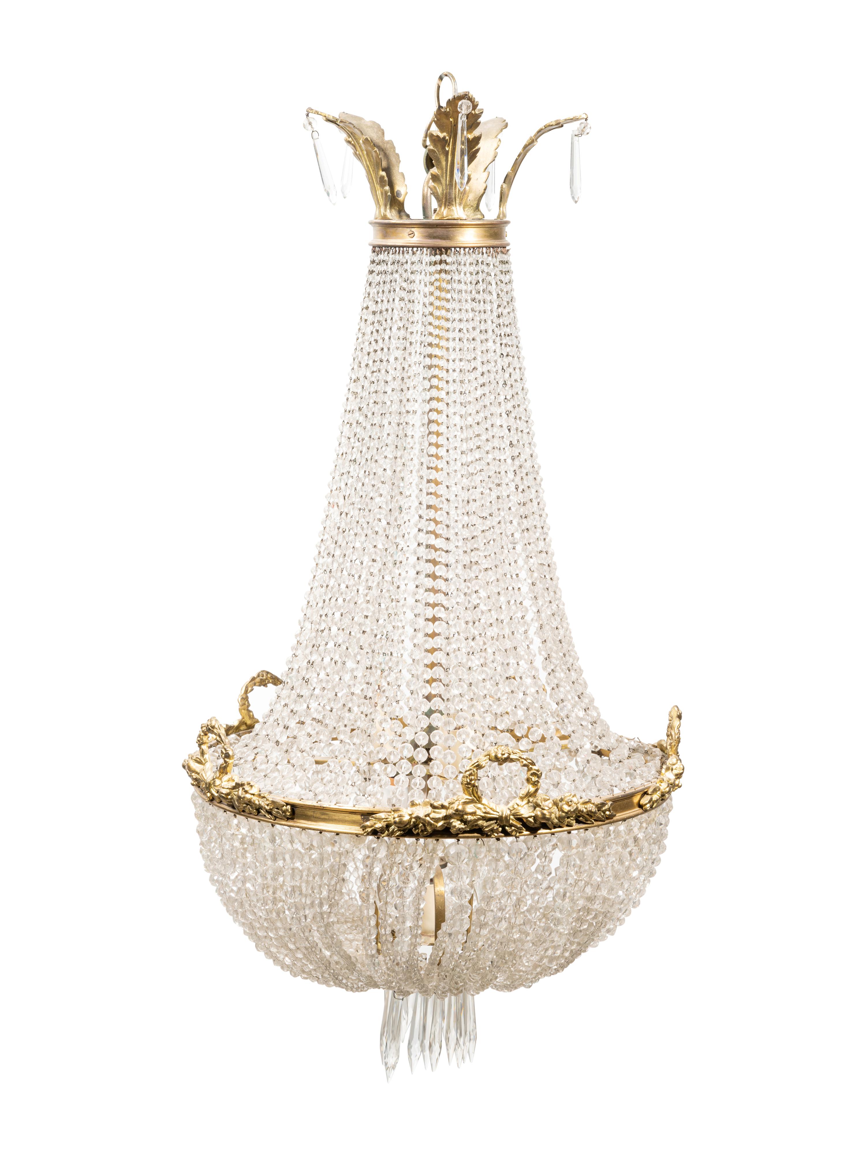 An Empire Style Gilt Bronze and Beaded Glass Chandelier