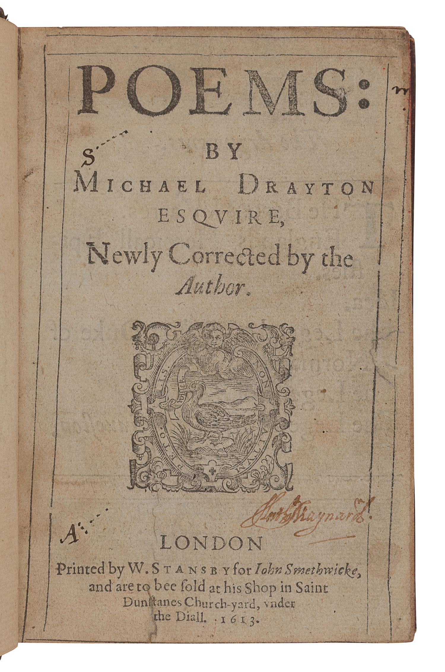 DRAYTON, Michael (1563-1631). Poems. London: W. Stansby for John Smethwicke, 1613.