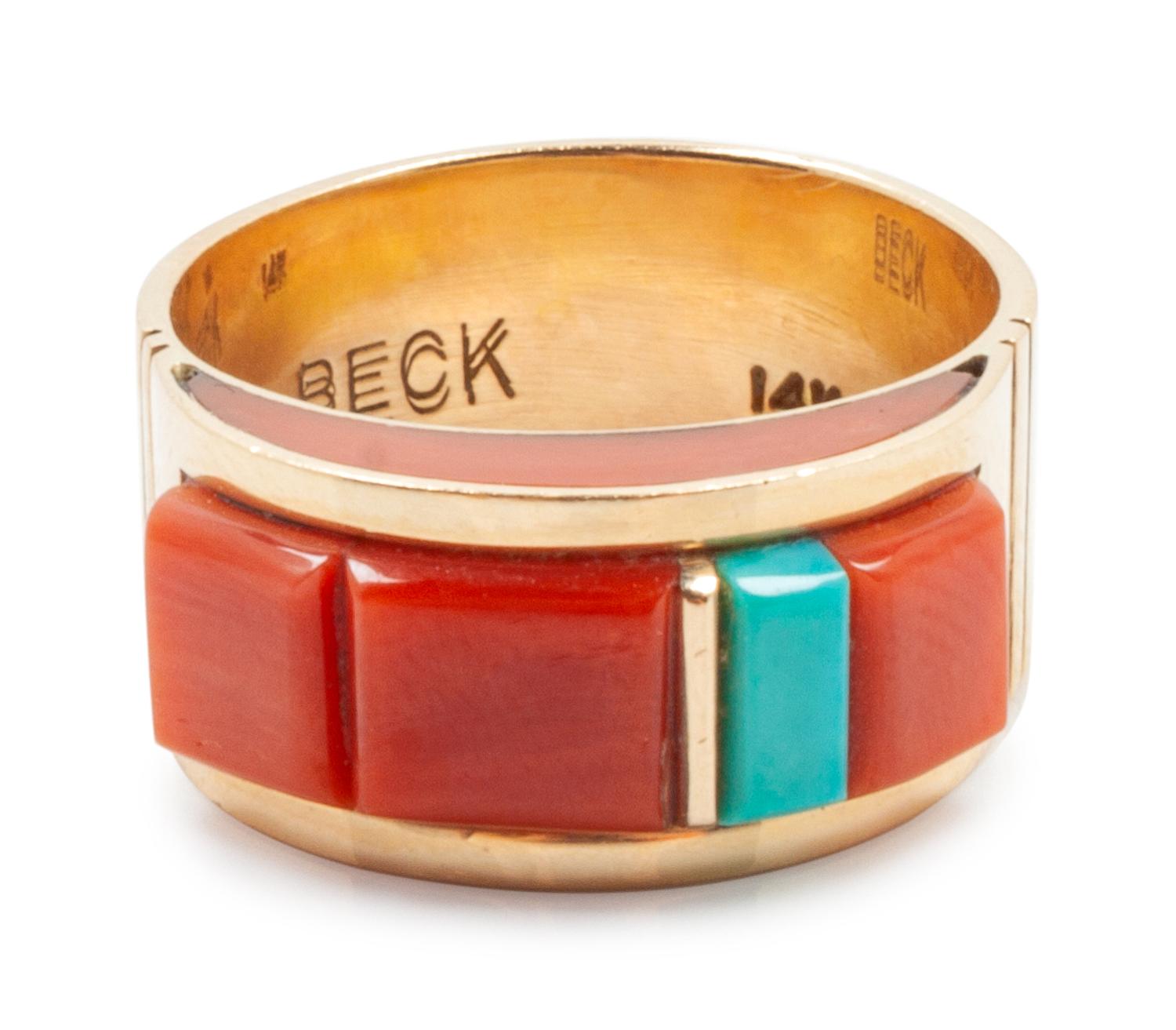 14k yellow gold ring with turquoise and coral inlay