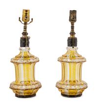 A Pair of Bohemian Amber Cut to Clear Glass Jars Mounted as Lamps