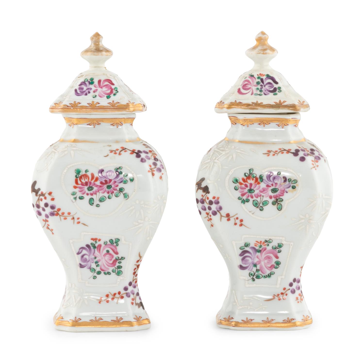 A Pair of Samson Porcelain Tea Caddies with Italian Giltwood Brackets