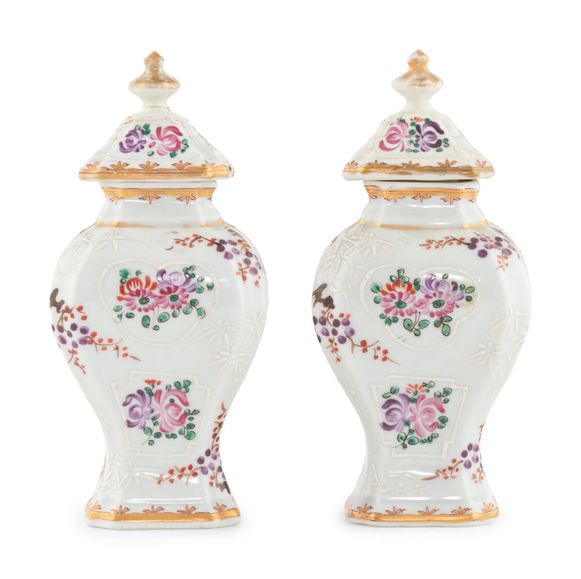 A Pair of Samson Porcelain Tea Caddies with Italian Giltwood Brackets