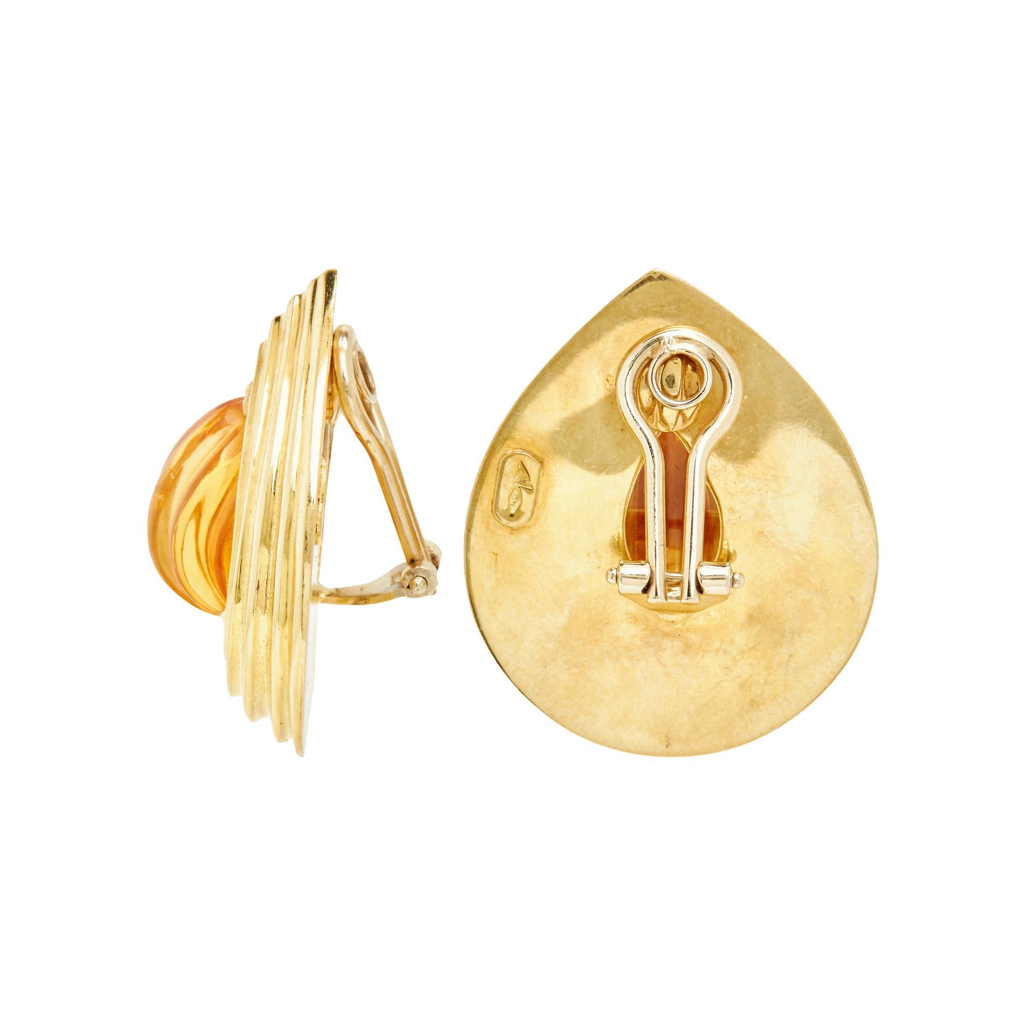 YELLOW GOLD AND CARVED CITRINE EAR CLIPS