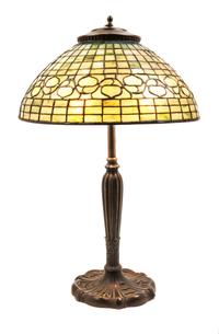 A Tiffany Studios Leaded Glass Leaf and Vine Shade Height 25 3/4 x diameter of shade 16 inches.