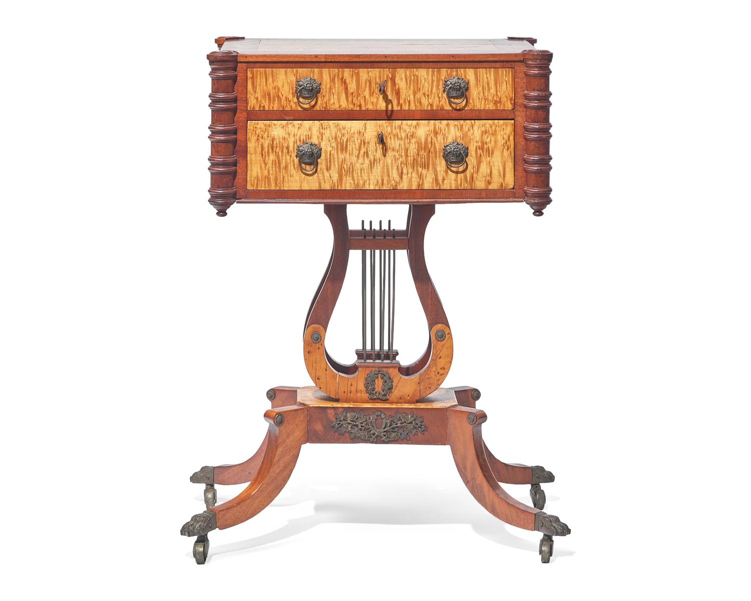 A Federal Mahogany and Figured Maple Lyre Base Sewing Table, Baltimore, MD, Circa 1810