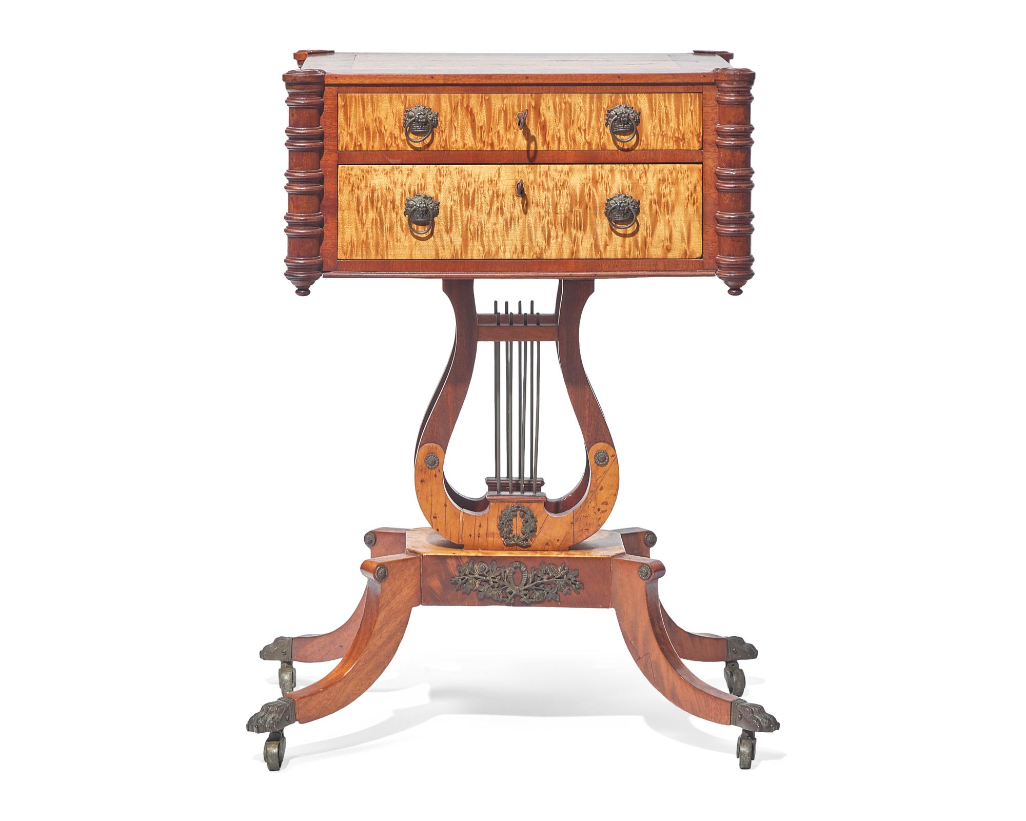 A Federal Mahogany and Figured Maple Lyre Base Sewing Table, Baltimore, MD, Circa 1810