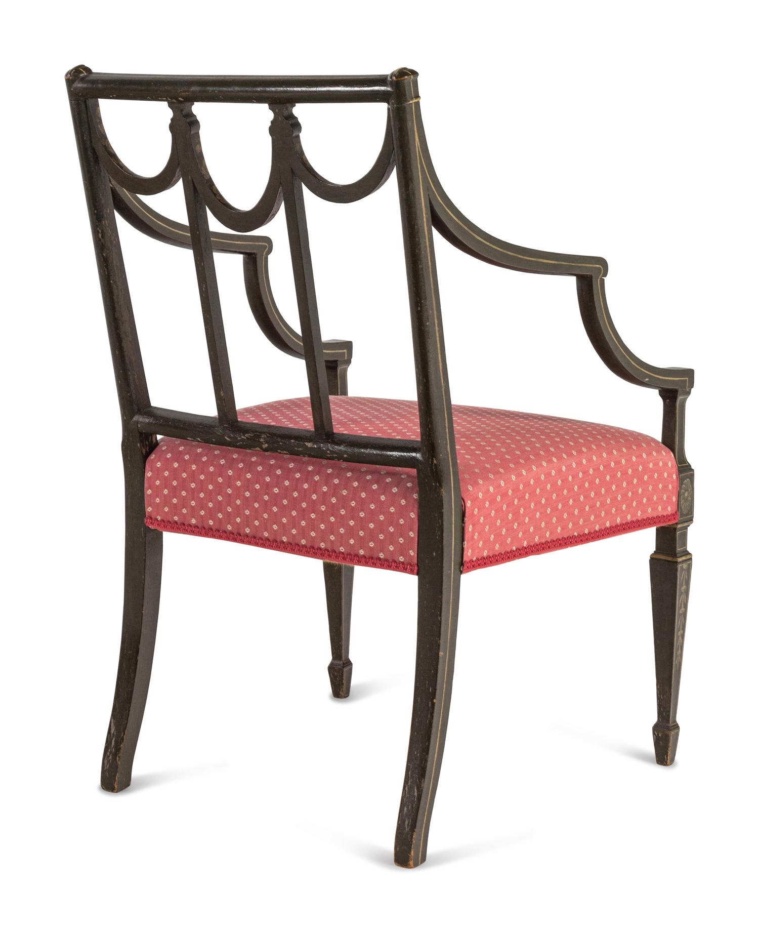 A Pair of George III Polychrome and Green-Painted Open Armchairs