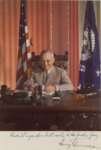 TRUMAN, Harry (1884-1972). Photograph, inscribed lower margin: "Kindest regards & best wishes to Hon. Gordon Gray. Harry Truman."