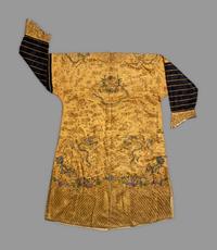 A Chinese Yellow Ground Embroidered Silk Dragon Robe