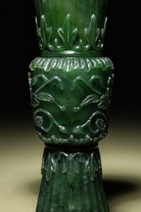 A Pair of Spinach Jade Gu Vases
