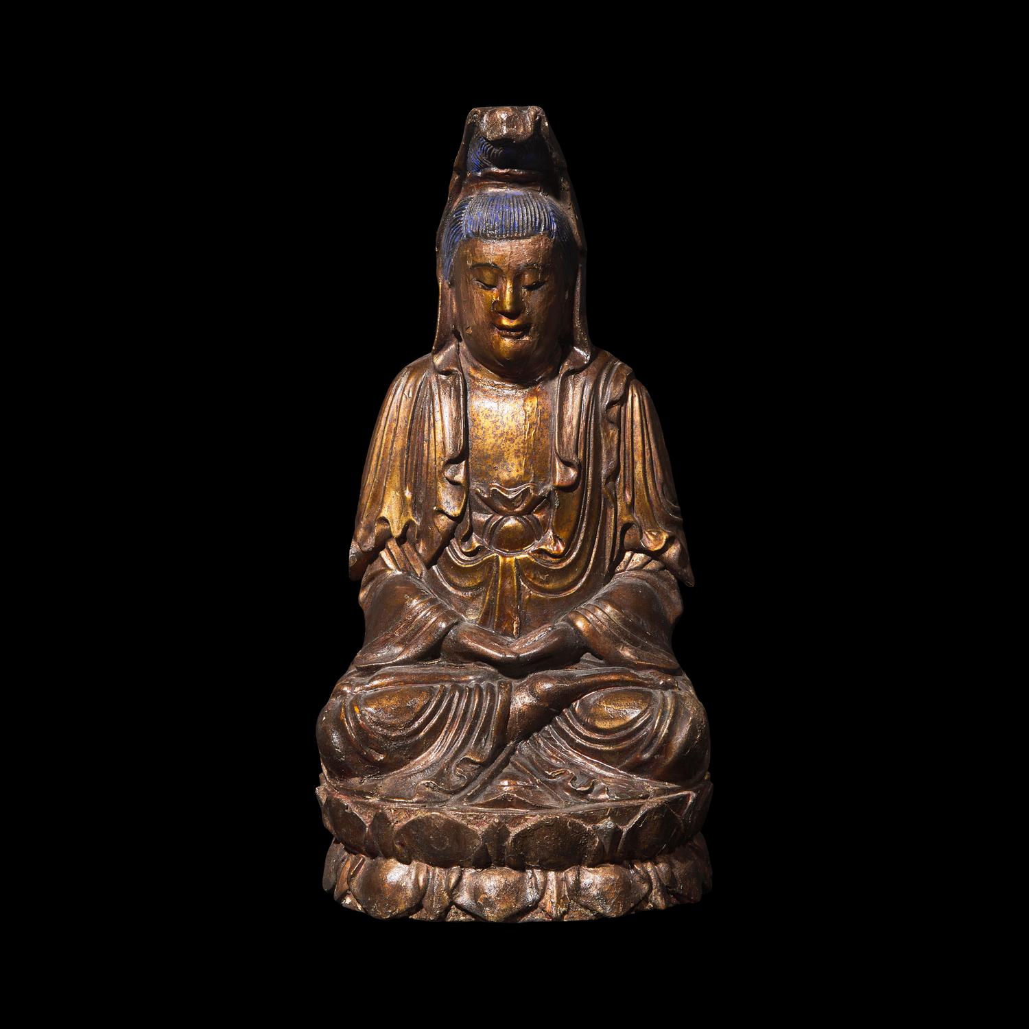 A Chinese Gilt Lacquered Wood and Painted Wood Guanyin, Late Qing Dynasty to Republic Period 晚清-民國 木漆金觀音坐像