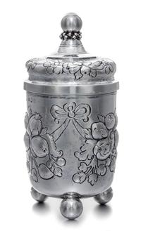 A German Silver Covered Jar, B. Neresheimer & Sohne, Hanau, 19th/20th Century, of cylindrical form, having foliate and berry decoration