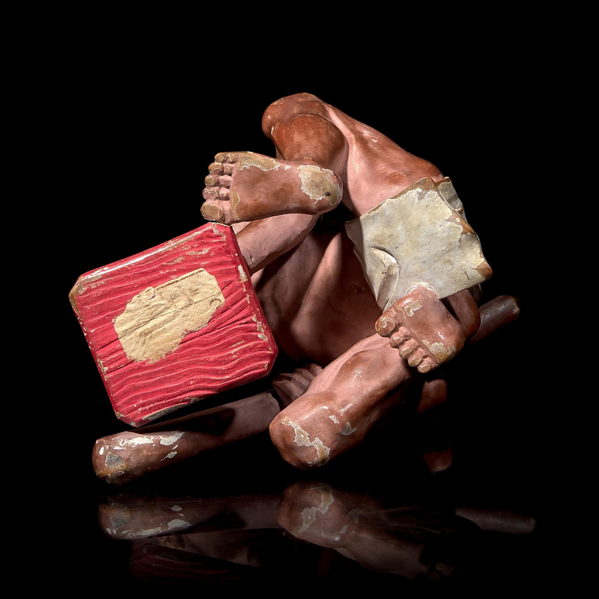 A Small Japanese Carved and Painted Wood 'Ratcatcher' Okimono 日本著物一件