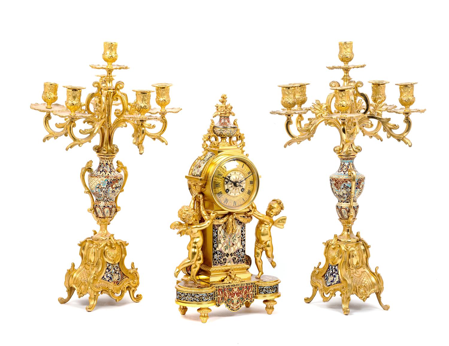 A French Gilt Bronze and Champlevé Clock Garniture Retailed by Tiffany and Co.