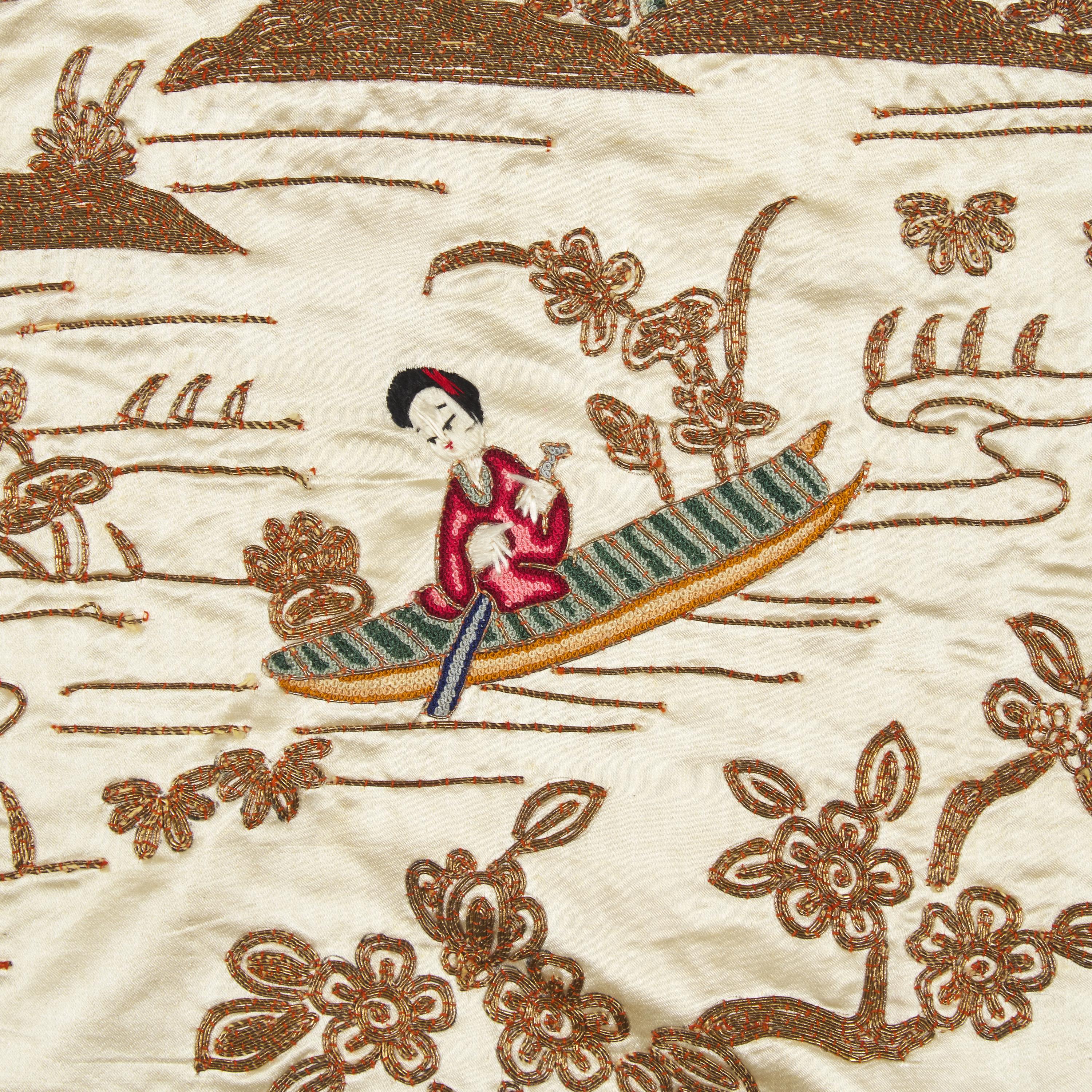 A Chinese Beige Ground Silk Embroidered Jacket, Early 20th Century 民國 象牙緞綉亭臺仕女圖褂