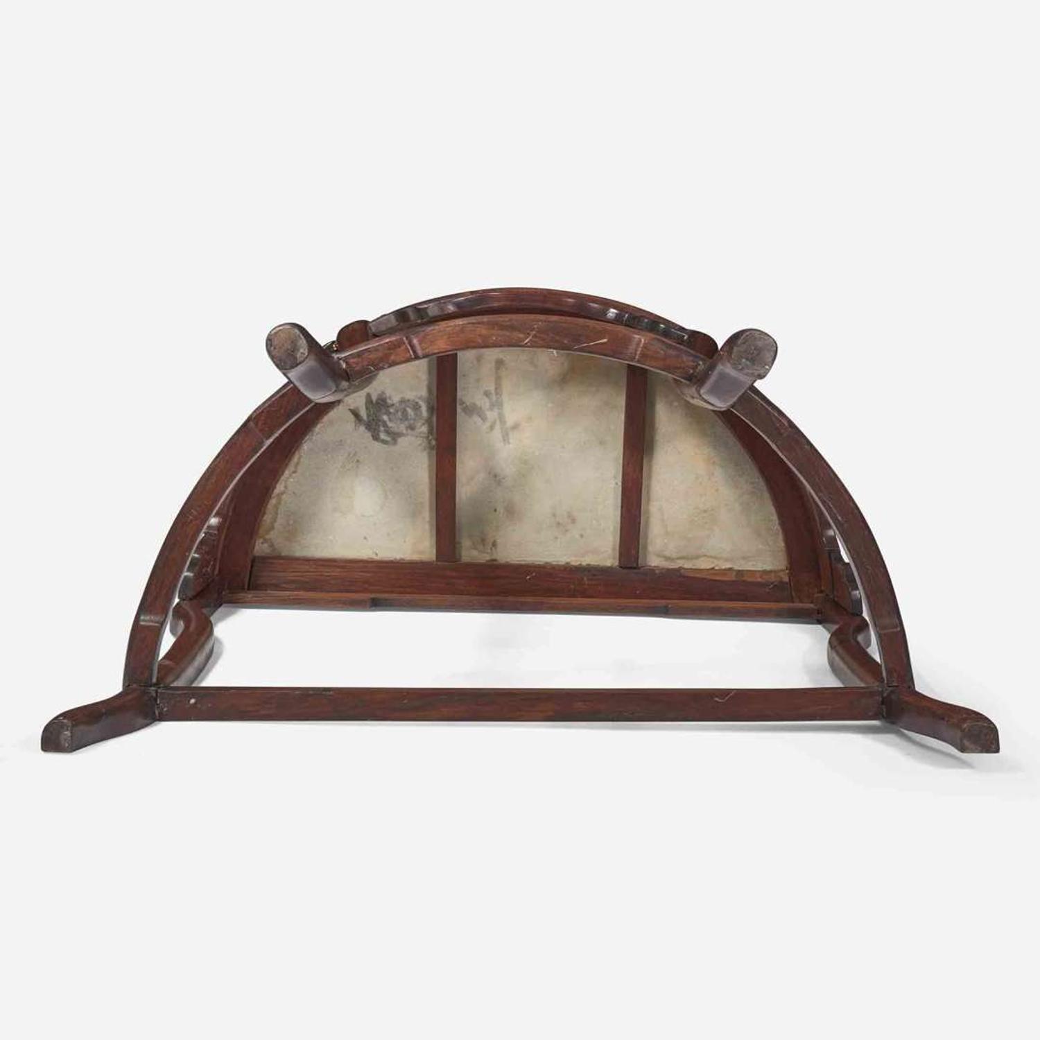 A Chinese hardwood and marble-inset demilune side table