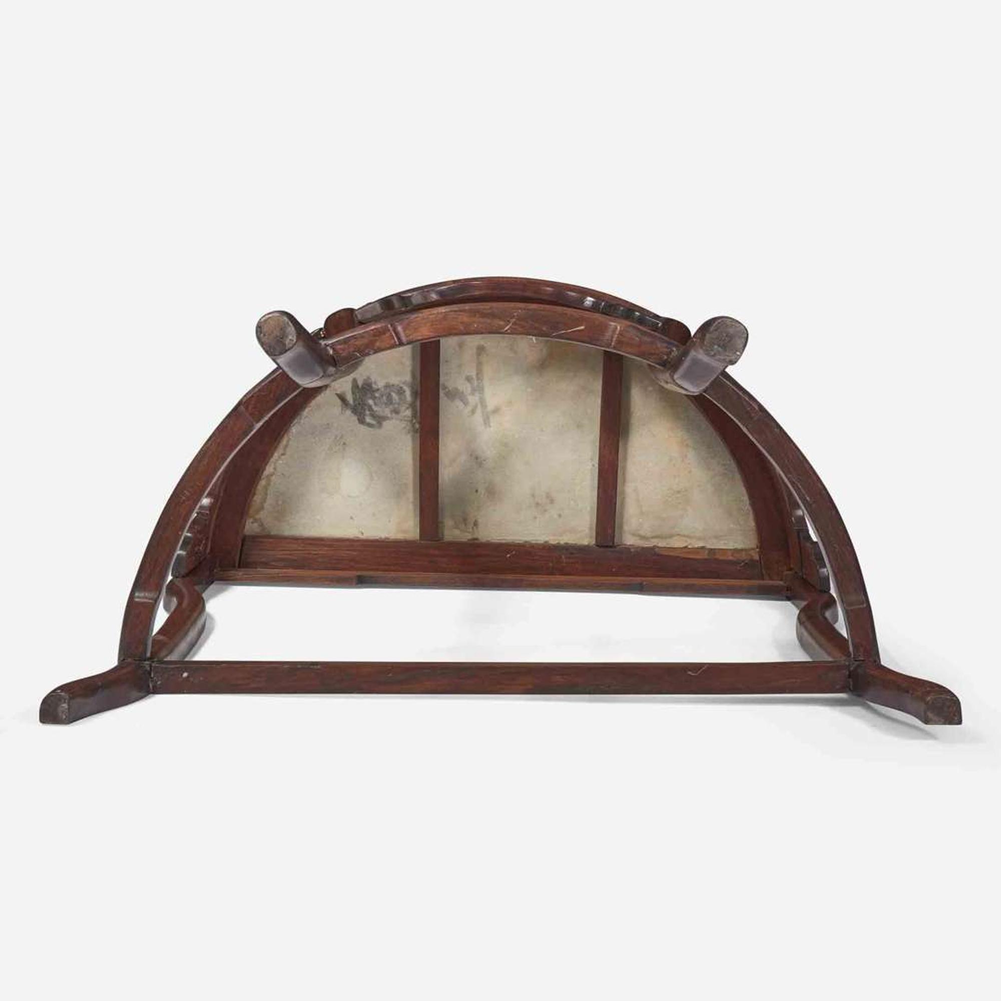 A Chinese hardwood and marble-inset demilune side table