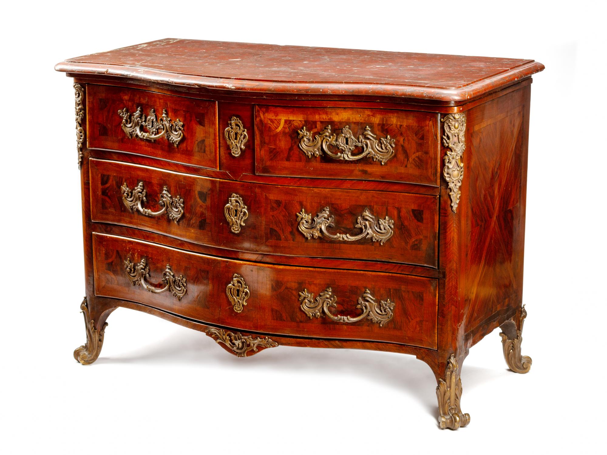 A Régence Gilt Bronze Mounted Parquetry Marble-Top Commode