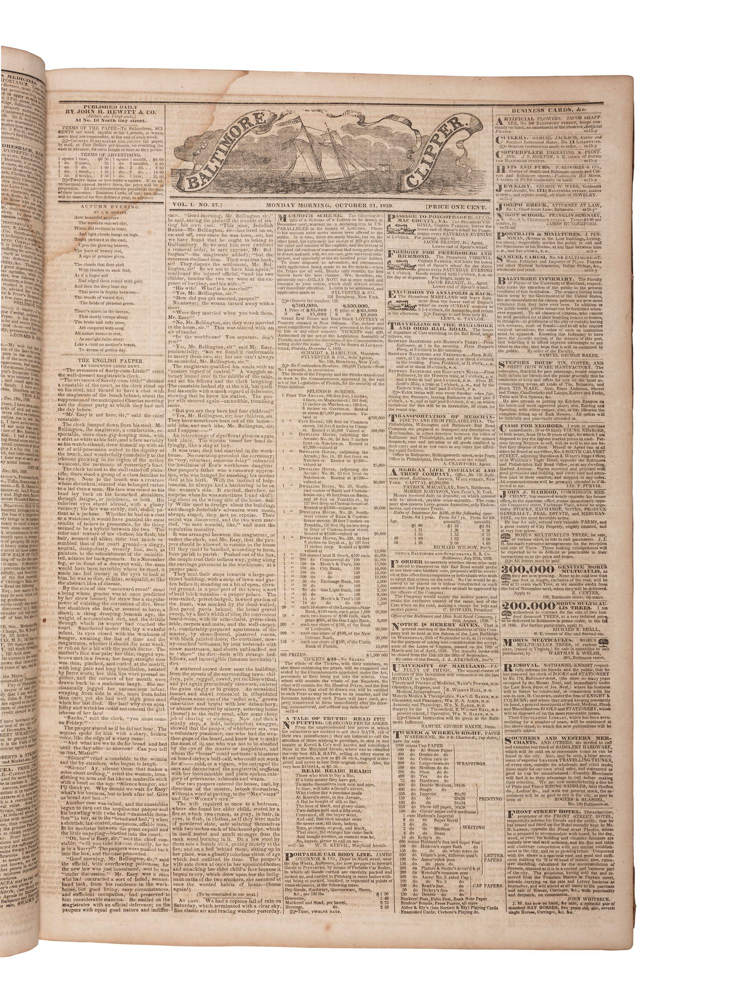 [NEWSPAPERS -- BALTIMORE]. The Baltimore Clipper. Bound volume, 122 issues, October 1839-March 1840.