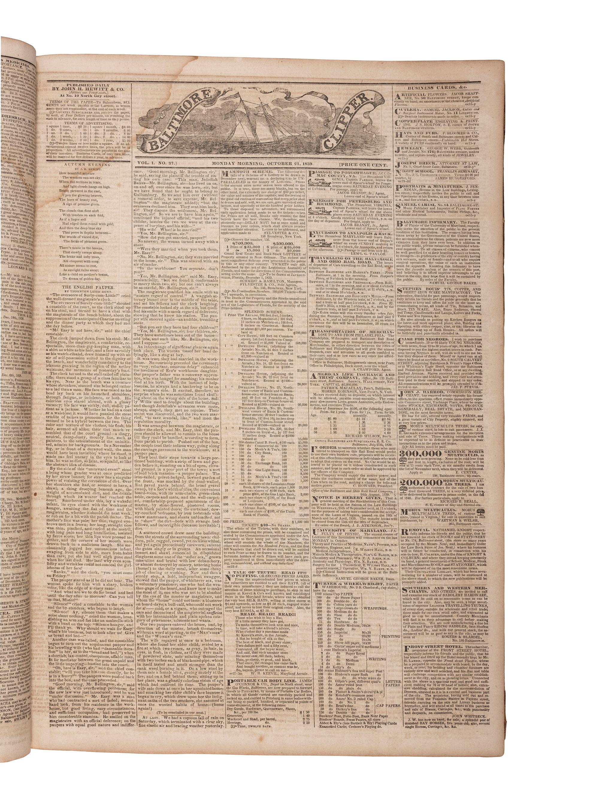 [NEWSPAPERS -- BALTIMORE]. The Baltimore Clipper. Bound volume, 122 issues, October 1839-March 1840.