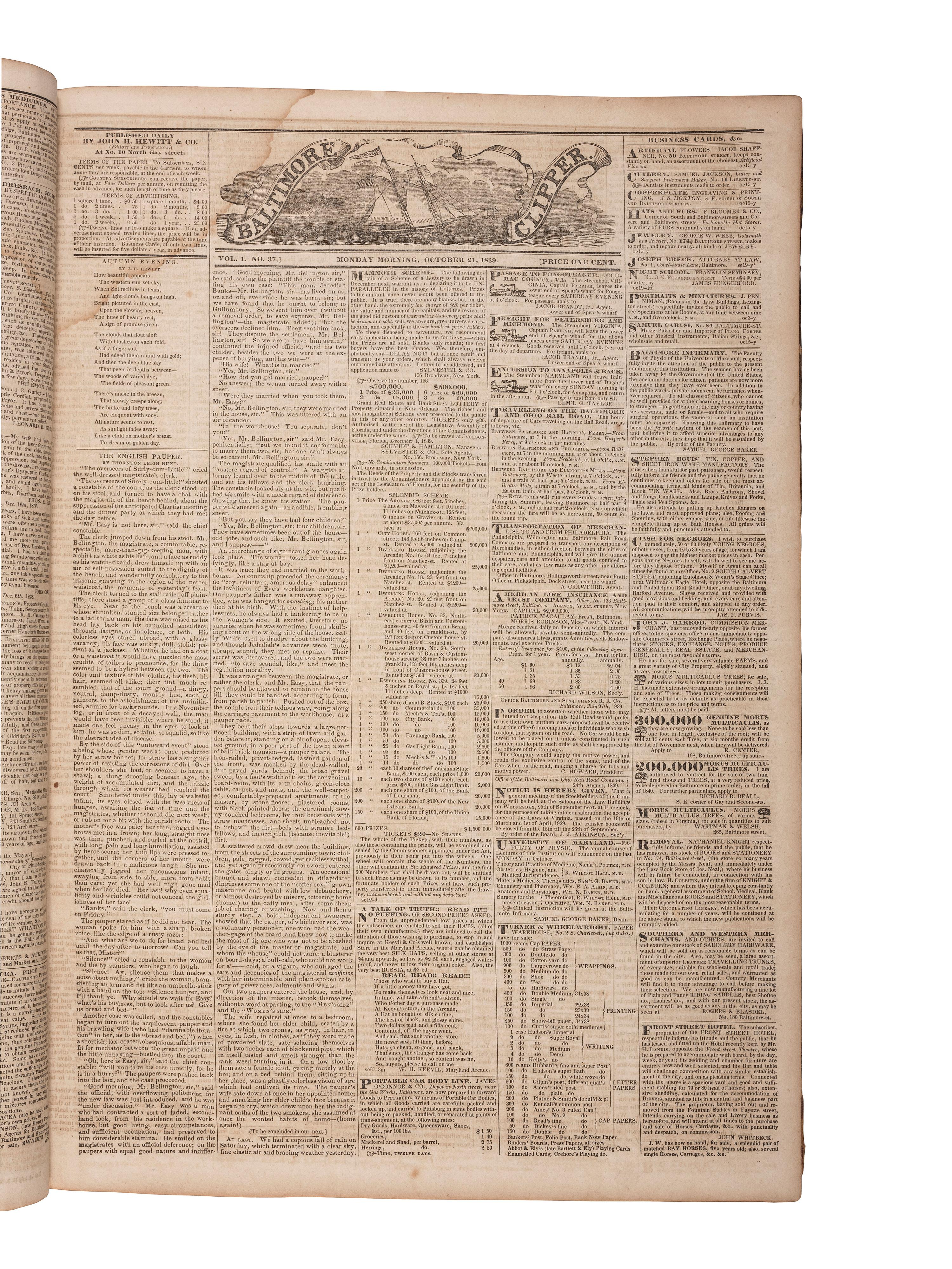 [NEWSPAPERS -- BALTIMORE]. The Baltimore Clipper. Bound volume, 122 issues, October 1839-March 1840.
